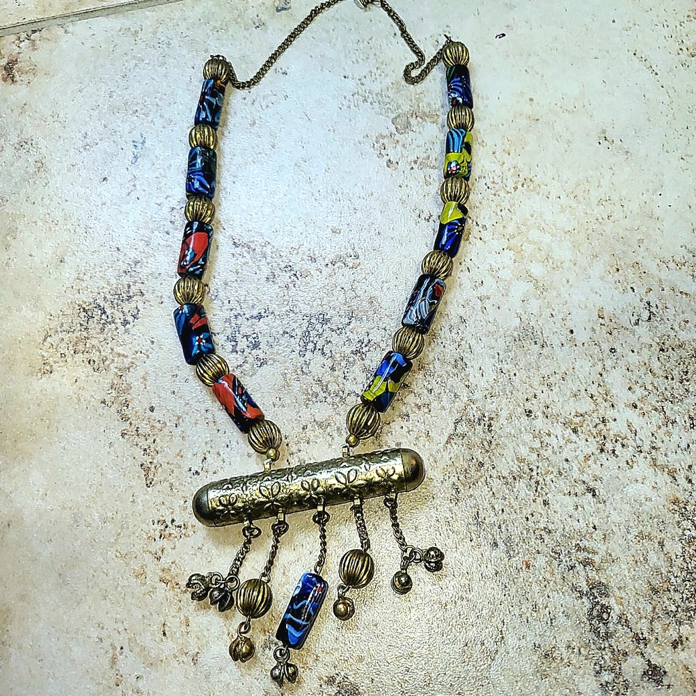 Purple and Gold Artisanal Necklace with Decorative Pendants